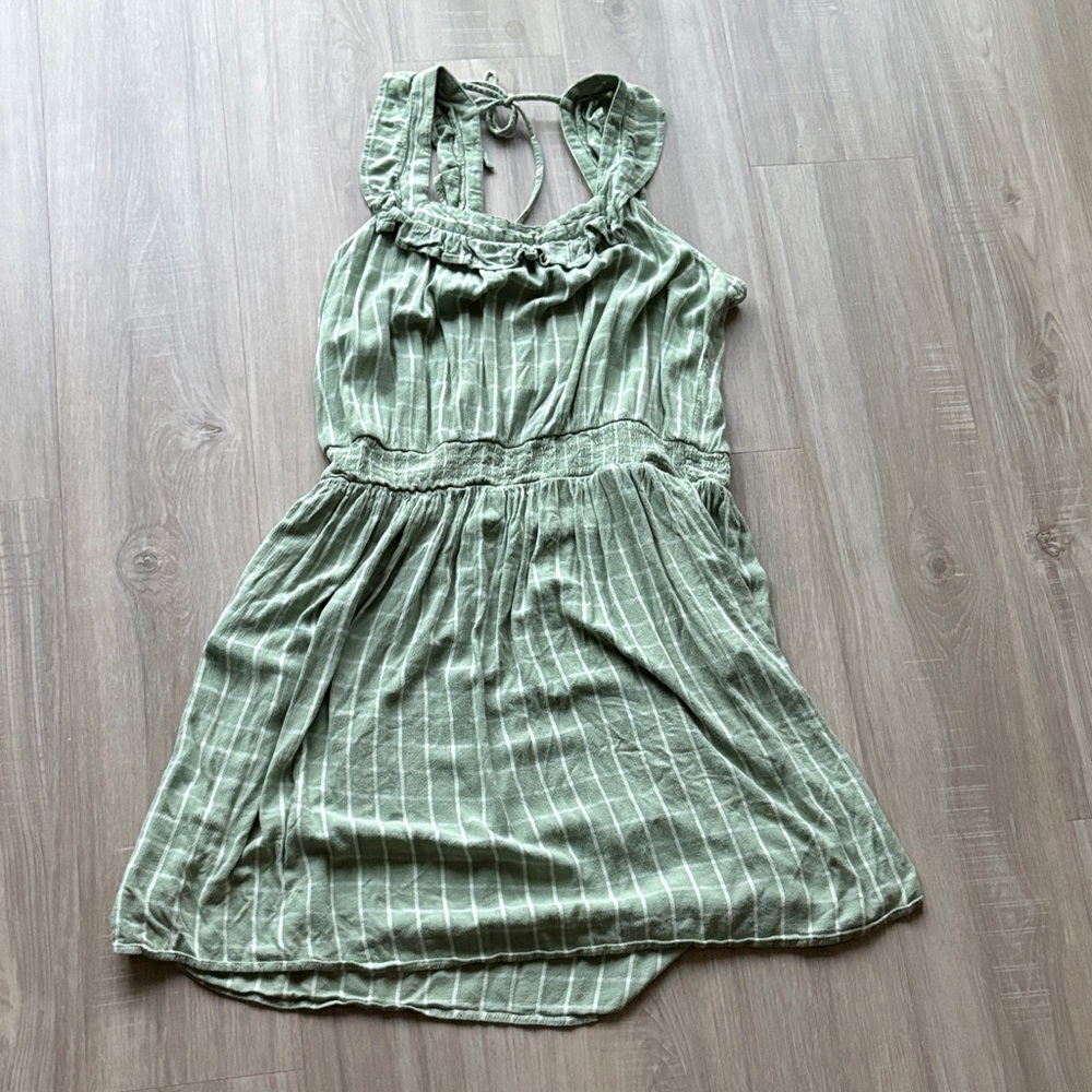 Maurices Green and White Striped Tie-Back Dress with Ruffled Sleeves